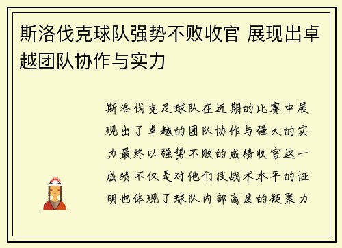 斯洛伐克球队强势不败收官 展现出卓越团队协作与实力