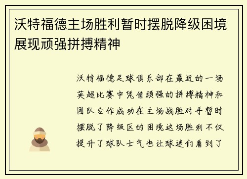 沃特福德主场胜利暂时摆脱降级困境展现顽强拼搏精神