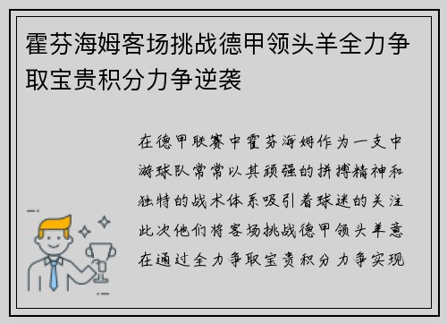 霍芬海姆客场挑战德甲领头羊全力争取宝贵积分力争逆袭