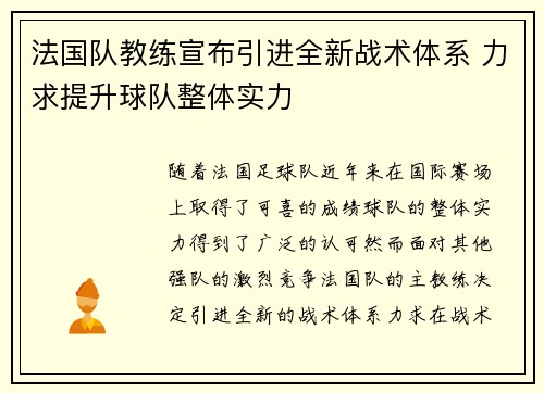 法国队教练宣布引进全新战术体系 力求提升球队整体实力