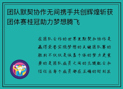团队默契协作无间携手共创辉煌斩获团体赛桂冠助力梦想腾飞