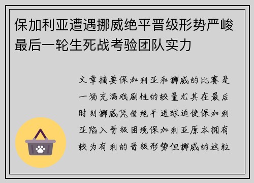 保加利亚遭遇挪威绝平晋级形势严峻最后一轮生死战考验团队实力