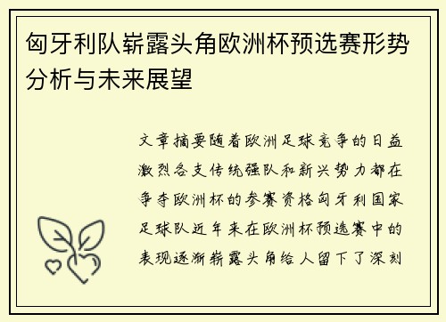 匈牙利队崭露头角欧洲杯预选赛形势分析与未来展望