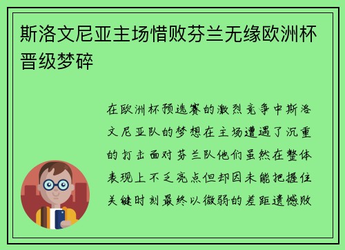 斯洛文尼亚主场惜败芬兰无缘欧洲杯晋级梦碎