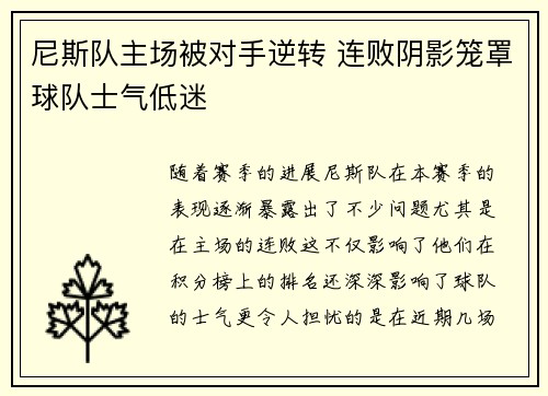尼斯队主场被对手逆转 连败阴影笼罩球队士气低迷