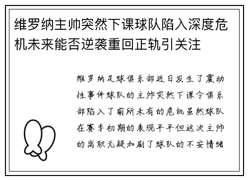 维罗纳主帅突然下课球队陷入深度危机未来能否逆袭重回正轨引关注