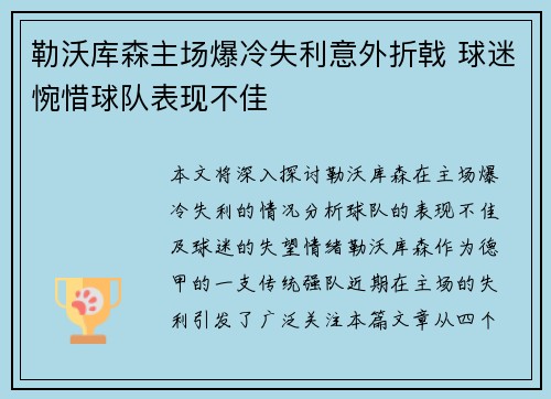 勒沃库森主场爆冷失利意外折戟 球迷惋惜球队表现不佳