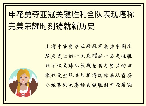 申花勇夺亚冠关键胜利全队表现堪称完美荣耀时刻铸就新历史